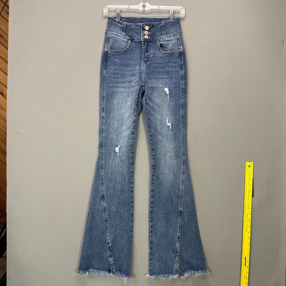 Kancan Miranda Ultra High Rise Flare Jeans Frayed Denim Size 3/25 Bell bottoms - Picture 2 of 16